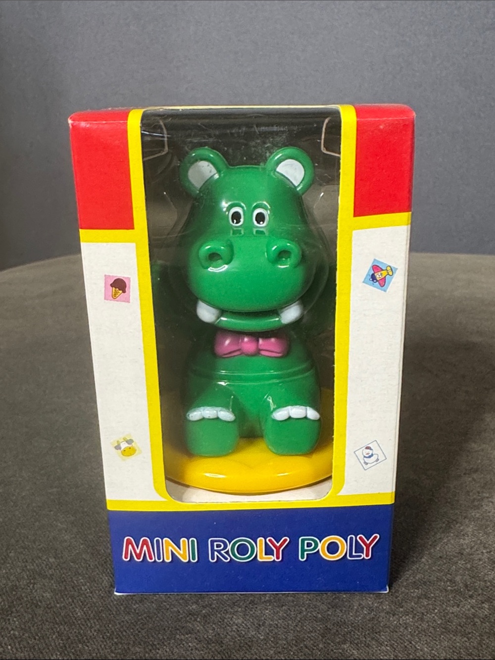 Vintage Green Hippo Mini Balancing Toy Roly Poly Yellow Rattle Base NEW OLDSTOCK